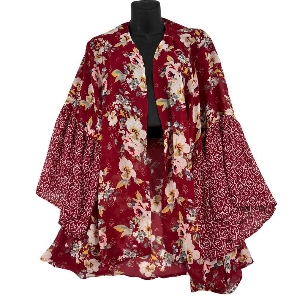 C Est 1946 Kimono Top Size L Red Floral Mixed Print Open Front Flowy Bell Sleeve